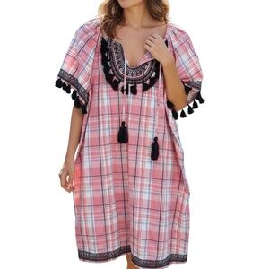 Crown & Ivy Dress Sz 14 Pink Blue White Plaid Tassel Short Sleeve Beach Casual